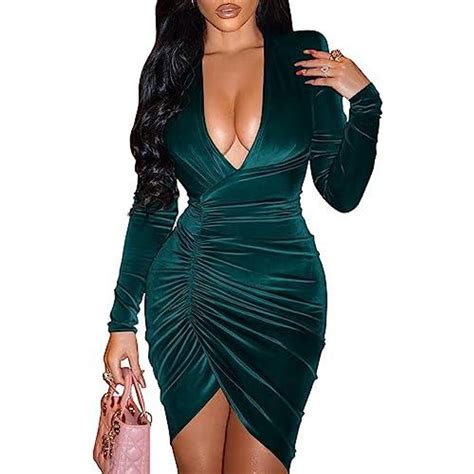 Ymduch Sexy Long Sleeve V Neck Ruched Bodycon Wrap Cocktail Club Mini Dress Dark Blue • Price