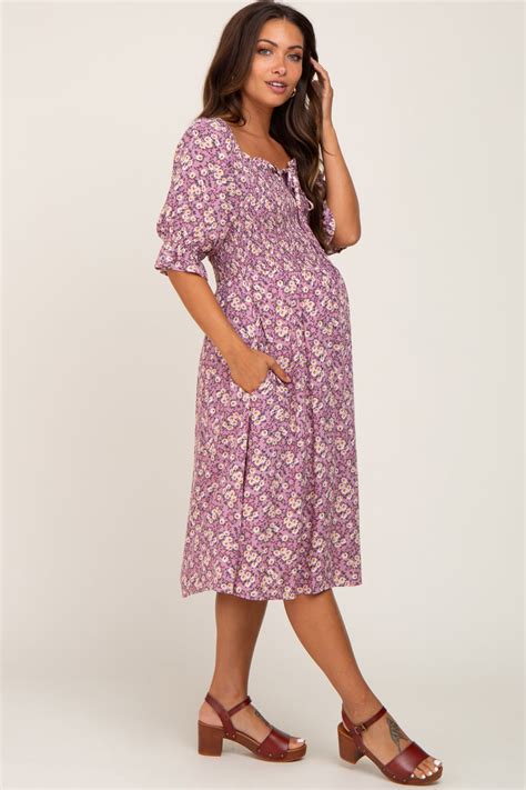 Mauve Floral Smocked Front Tie Maternity Midi Dress Pinkblush