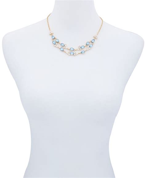 T Tahari Gold Tone Blue And Clear Glass Stone Statement Chain Necklace