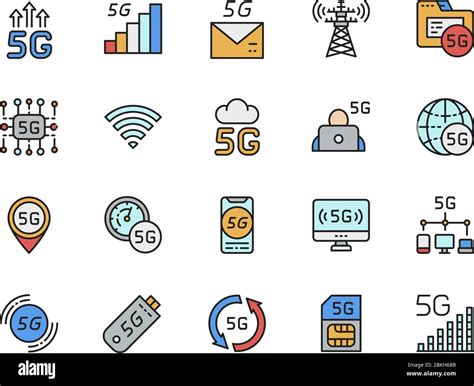 Set Of 5g Internet Color Line Icons Network Signal Database Sim Card And More Stock Vector