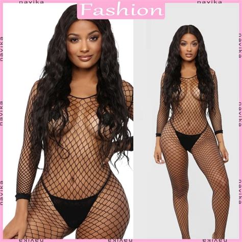 Nav Women Fishnet Bodystocking Lingerie Long Sleeve Bodysuit Mesh Tights Nightwear Shopee Malaysia
