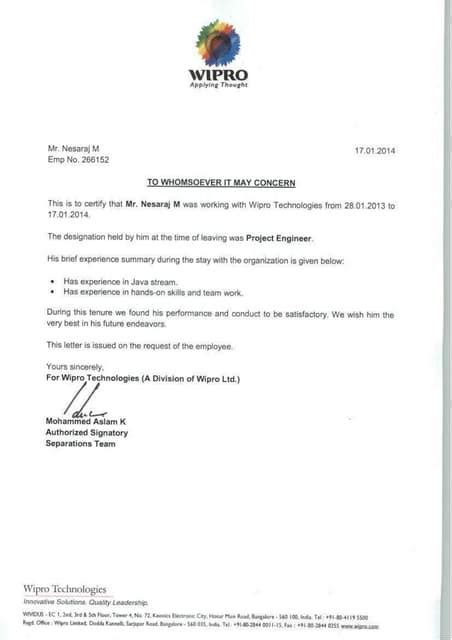 Wipro Experience Certificate Pdf