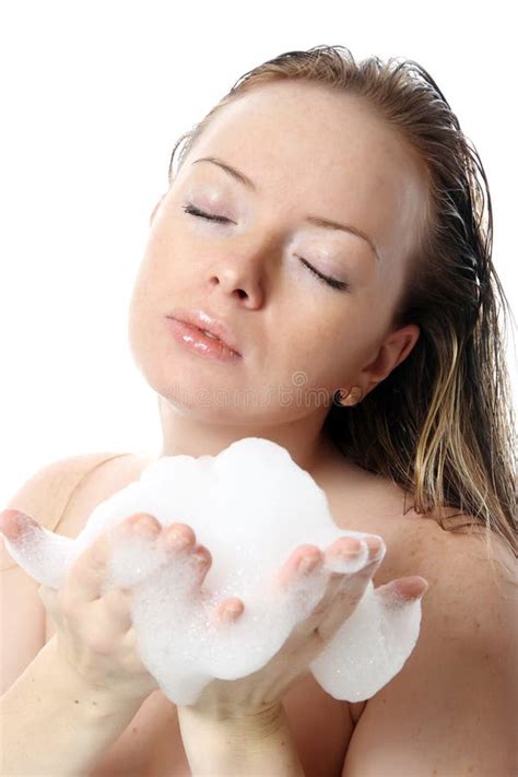 Beautiful Girl With Bath Foam In Her Hands Stock Photo Image Of Naked Face