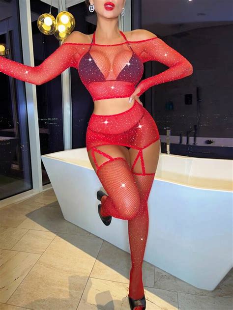 Rhinestone Studded Fishnet Lingerie Set For Sale Australia New
