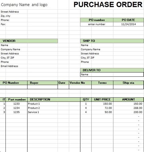 Microsoft Excel Purchase Order Template