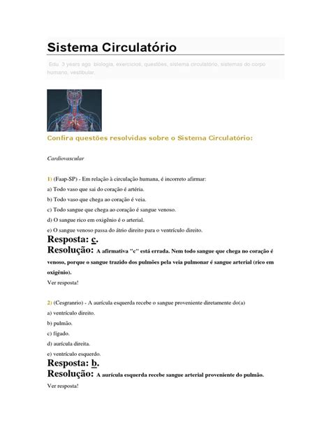 Exercícios Sistema Circulatório Com Gabarito - Sistema Circulatório - Exercicios Com Gabaritos | PDF | Coração ...