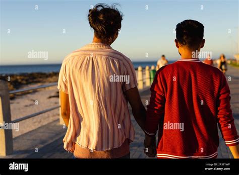 Rear View Of Happy Biracial Gay Male Couple Walking And Holding Hands On Promenade By The Sea