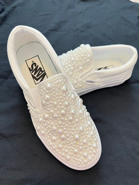 Pearl Embellished Vans Custom Wedding Slip On Vans Custom Wedding Vans