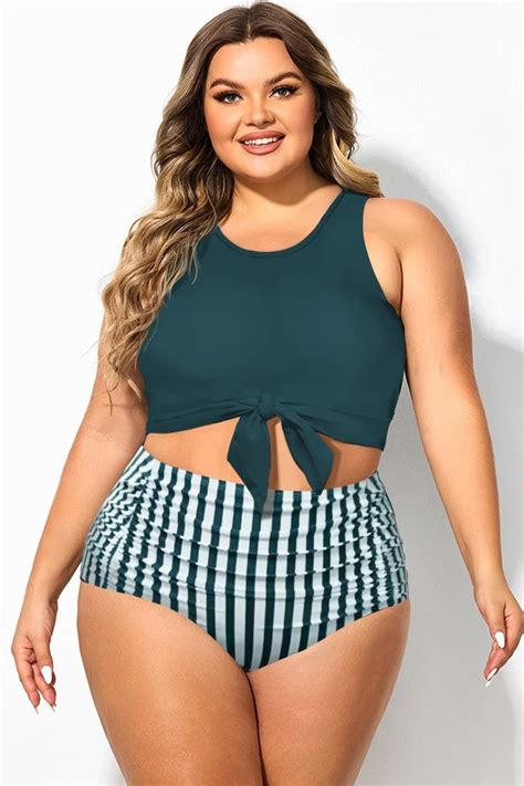 Plus Size Dark Blue Knotted Crop Bikini Top Meet Curve