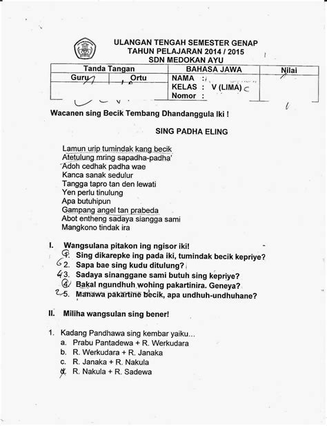 Soal Bahasa Jawa Kelas 1 Sd Semester Genap