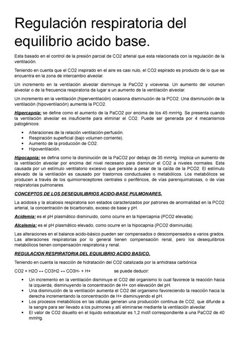 Regulaci N Respiratoria Del Equilibrio Acido Base Esta Basado En El