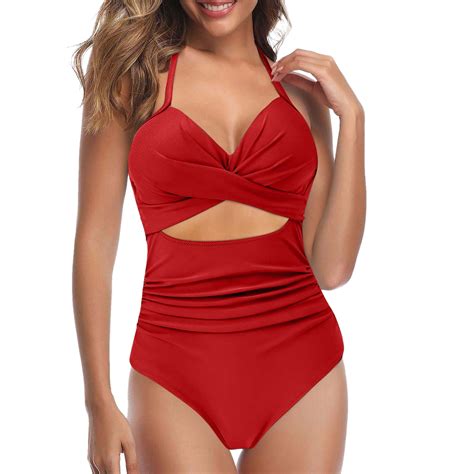 Niewtr Plus Size Women One Piece Swimsuit Push Up Padded Bikini Swimwear Beachwear Red Xxl