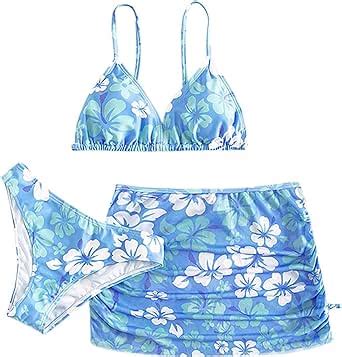 Teens Girls Flower Swimsuit 3 Piece Bathing Suits Cute Quick Dry Bikini Tankini Sets With Swim