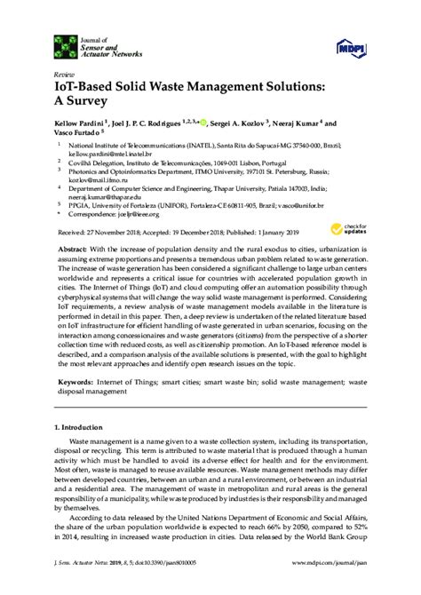 Pdf Iot Based Solid Waste Management Solutions A Survey