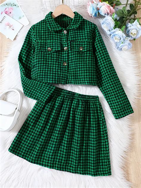 Trendy Houndstooth Graphic Outfits Girls Vintage Sets Kids Temu