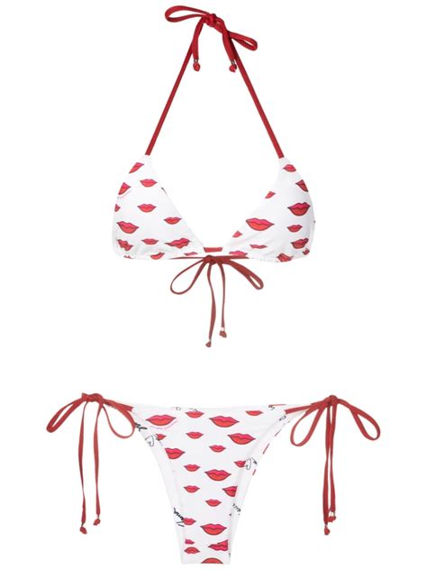 Amir Slama Lip Print Triangle Bikini White FARFETCH