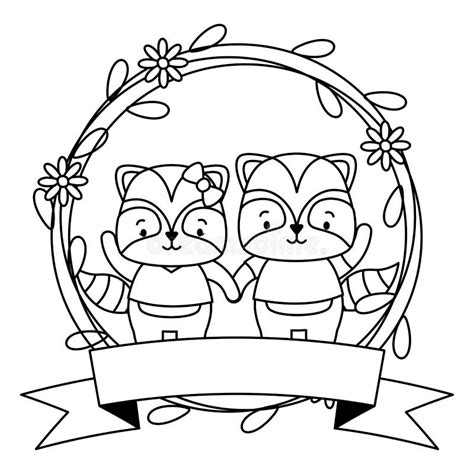 Cute Couple Raccoon Animals Wreath Flowers Stock Illustration