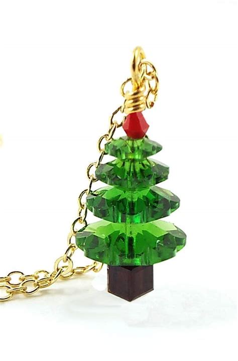 Christmas Tree Necklace Made With Swarovski Crystals On 24 Inch Gold Toned Chain