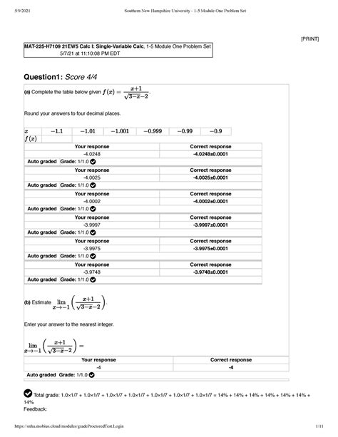 Module 1 Problem Set Answers PRINT MAT 225 H7109 21EW5 Calc I