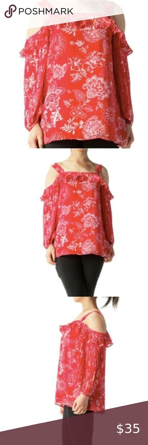 Roz Ali Red And White Floral Cold Shoulder Top Yellow Long Sleeve