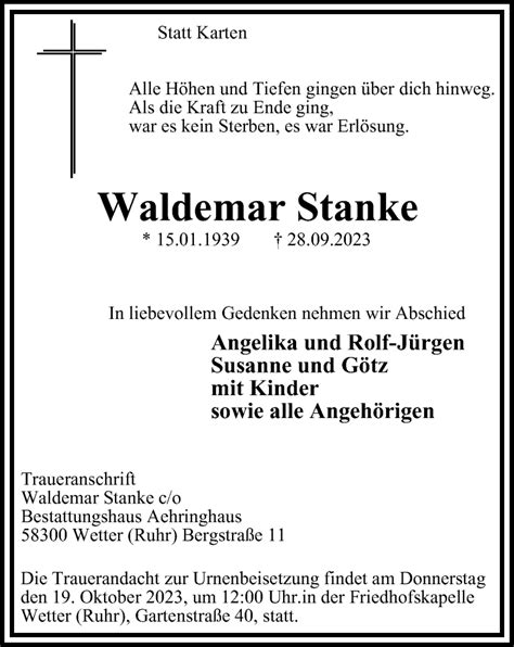 Traueranzeigen Von Waldemar Stanke Trauer In Nrw De