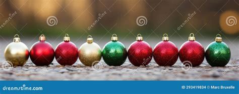 Close Up Of Christmas Baubles In A Row Ai Generated Stock Photo