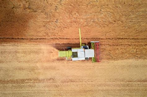 Vista aérea de la temporada de cosecha de la cosechadora que trabaja en