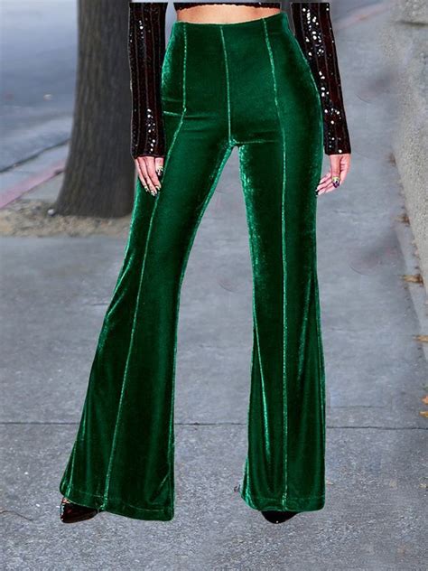 Green Velvet High Waisted Bell Bottomed Flares Long Pant Pants Bottoms