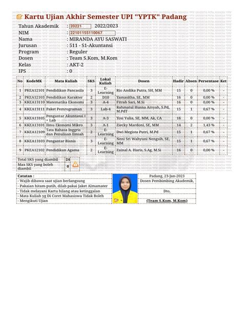 Print Kartu Ujian Akhir Semester Mahasiswa Upi Yptk Padang Pdf