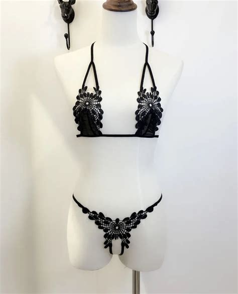 Bikini Transparente Negro Conjunto De Lencer A Sexy Mujer Ropa Interior De Encaje De Punto Tres
