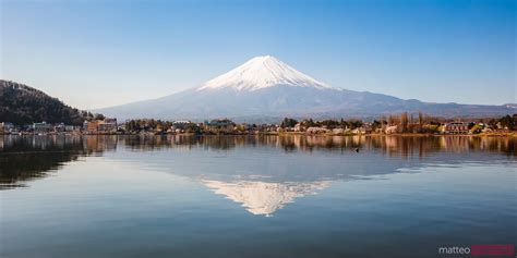 - Panoramic of mt Fuji reflected in lake, Fuji Five Lakes, Japan ...