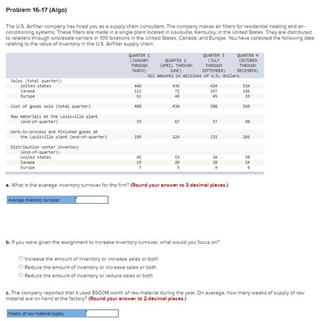 Solved Problem 16 17 Algo The U S Airfilter Company Has Chegg