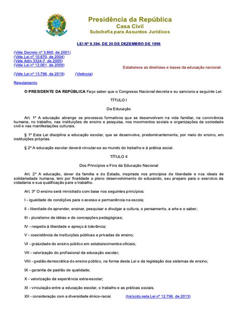 Lei No 9.394 De 20 De Dezembro De 1996 - Lei Nº 9.394 (20 de Dezembro de 1996) - (LDB) Estabelece As Diretrizes ...