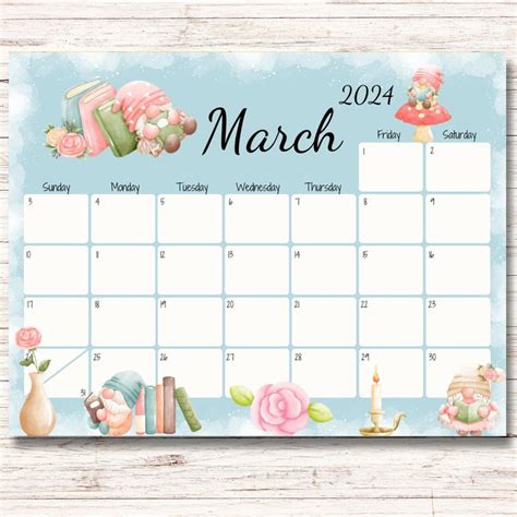 Editable March Calendar Fillable Calendar Cute Gnomes Etsy