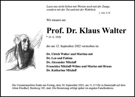 Traueranzeigen Von Klaus Walter Vrm Trauer De