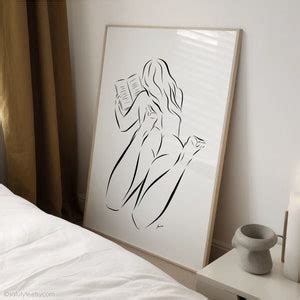 Reading Woman Line Art Bookish Women Prints Book Lover Artwork Bare Woman Illustration Naked