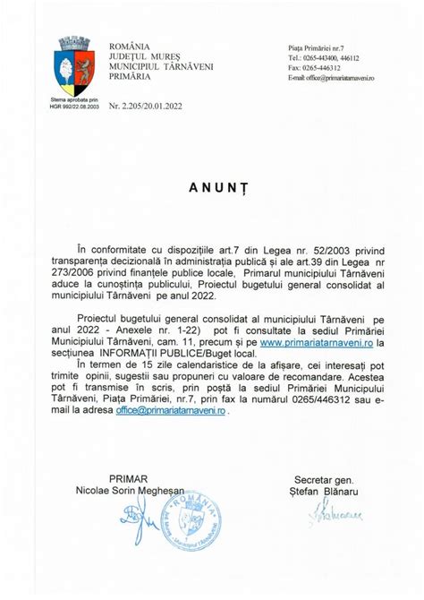 Anunt Dezbatere Public A Proiectului De Hot R Re Privind Aprobarea Bugetului General