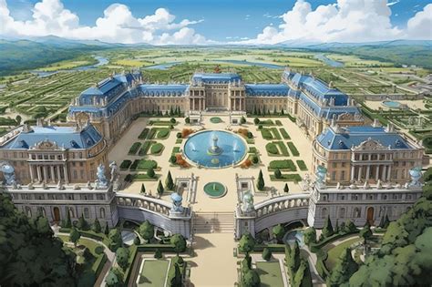 Premium AI Image | a drawing of a palace with a fountain in the middle.