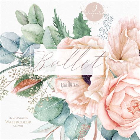 Floral Clipart Eucalyptus Poppy Nude Flowers Greenery Light Pink Watercolor Bouquets