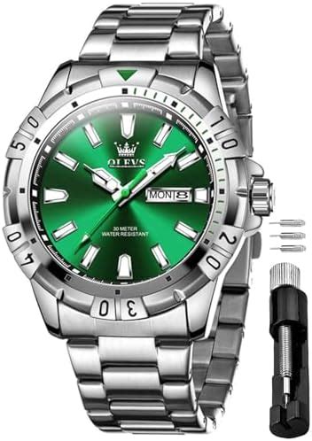 OLEVS Mens Wrist Watch Green Big Face Luxury Dress Silver Stainless