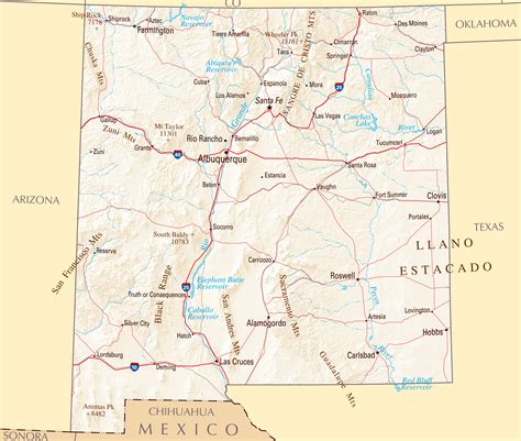 Large map of New Mexico state with roads, highways, relief and major