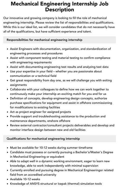 Mechanical Engineering Internship Job Description Velvet Jobs