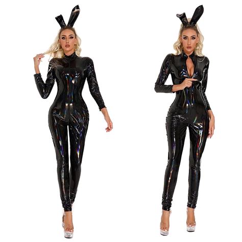 Disfraces Er Ticos Para Mujer Lingerie Patent Leather One Piece Uniform Black Latex Catsuit
