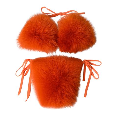 GENEMA Women Sexy Piece Faux Fur Bikini Set Halter String Triangle Bralette Swimsuit Tie Side