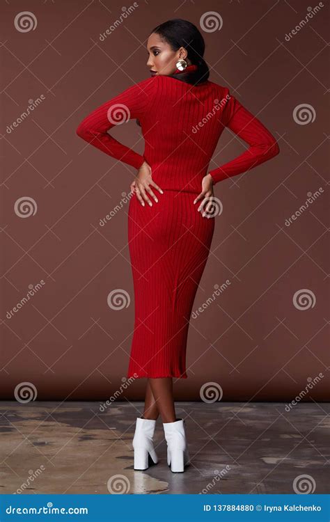 Brunette Hair Woman Beautiful Face Skinny Body Shape Tan Skin Care Wear Fashion Dress Red Color