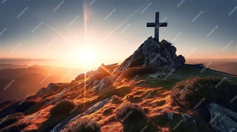 Cruz Cristiana Religiosa Crucifixión En La Cima De La Montaña Al