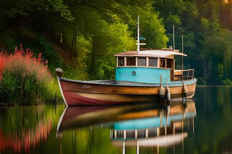 Un Barco Con Casco Azul Est Atracado En Un Lago Foto Premium