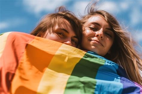 Premium AI Image Lesbian Couple Celebrating Pride Day Lgbtq Rainbow Flag
