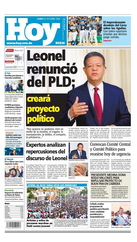 Portada Periódico Hoy Lunes 21 De Octubre 2019 Dominicana Do