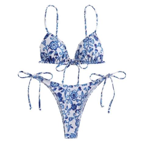 Dvoudílné bikini plavky s modrým potiskem květů porcelain Modio cz